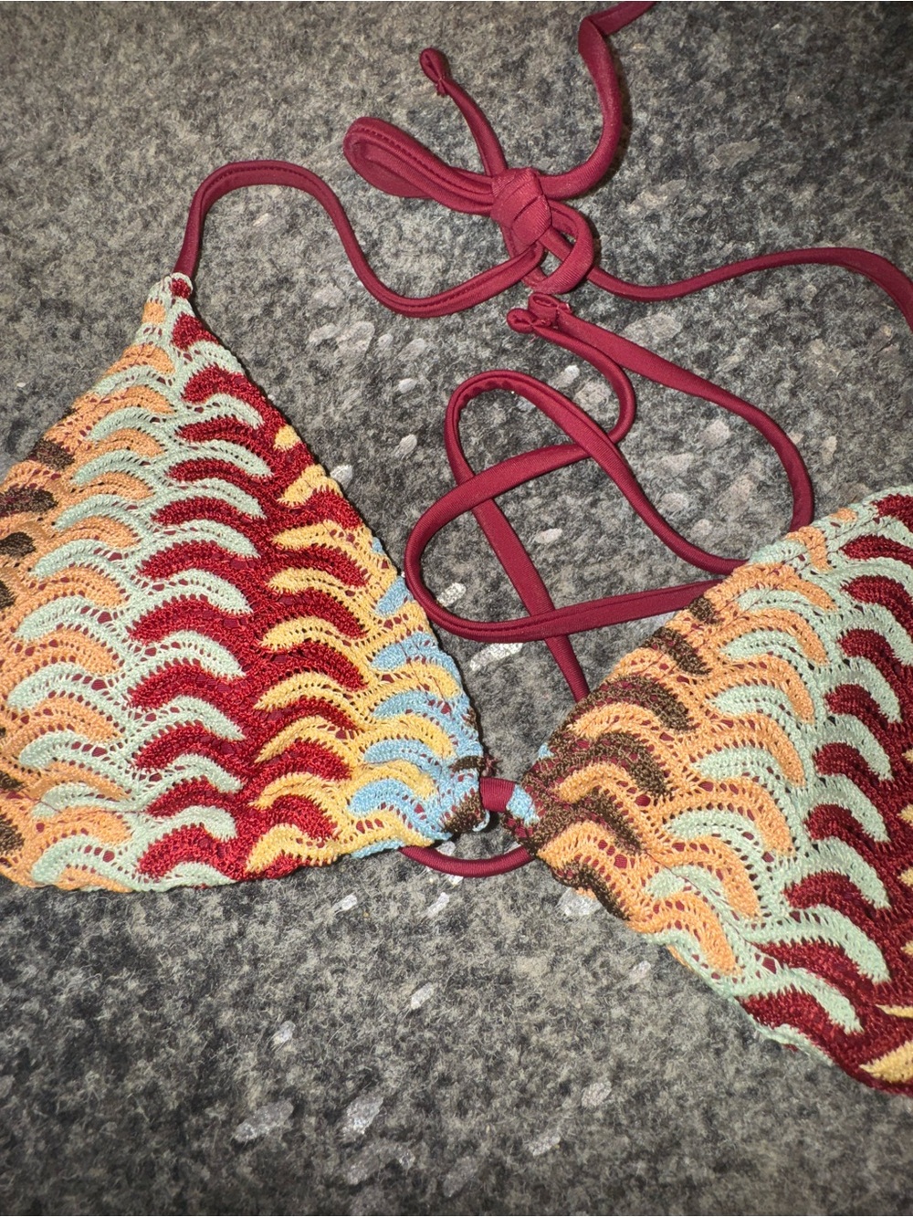 Crocheted Multicolor Wave Bikini Top & Bottom - Burgundy Accents - Picture 4 of 5